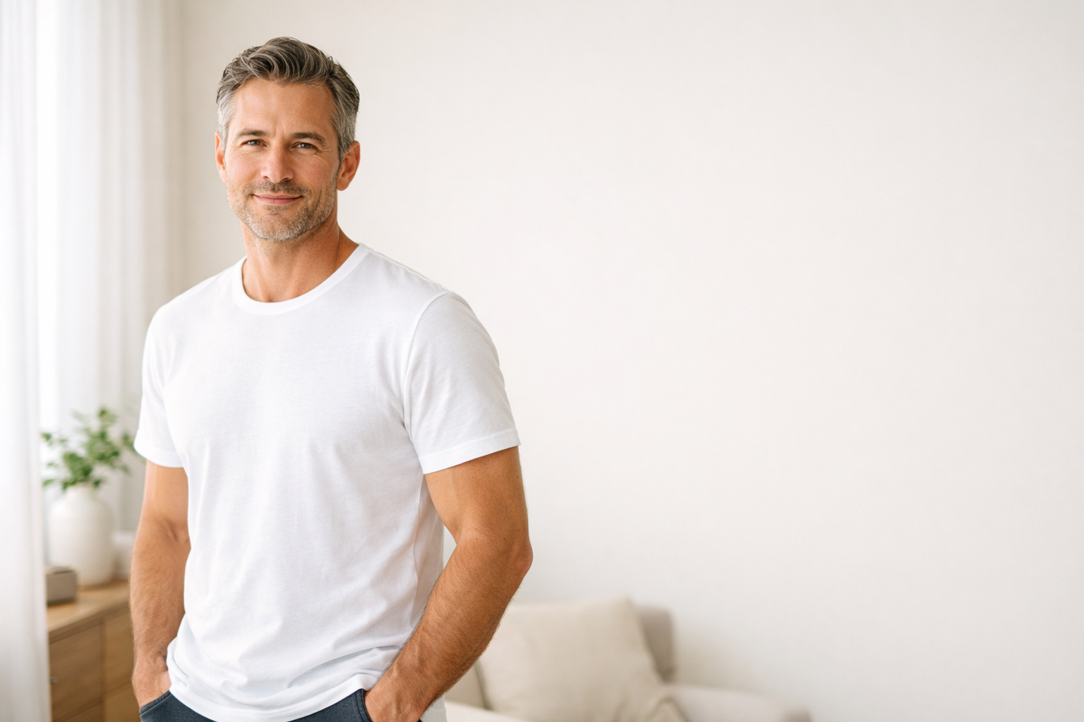 Hochwertige Lifestyle-Szene eines gepflegten Mannes in heller, moderner Wohnumgebung.