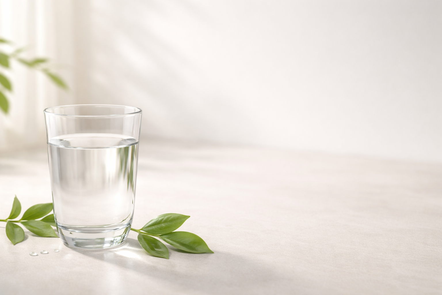 Minimalistisches Wellness-Motiv mit klarem Wasserglas und grünen Blättern auf hellem Hintergrund
